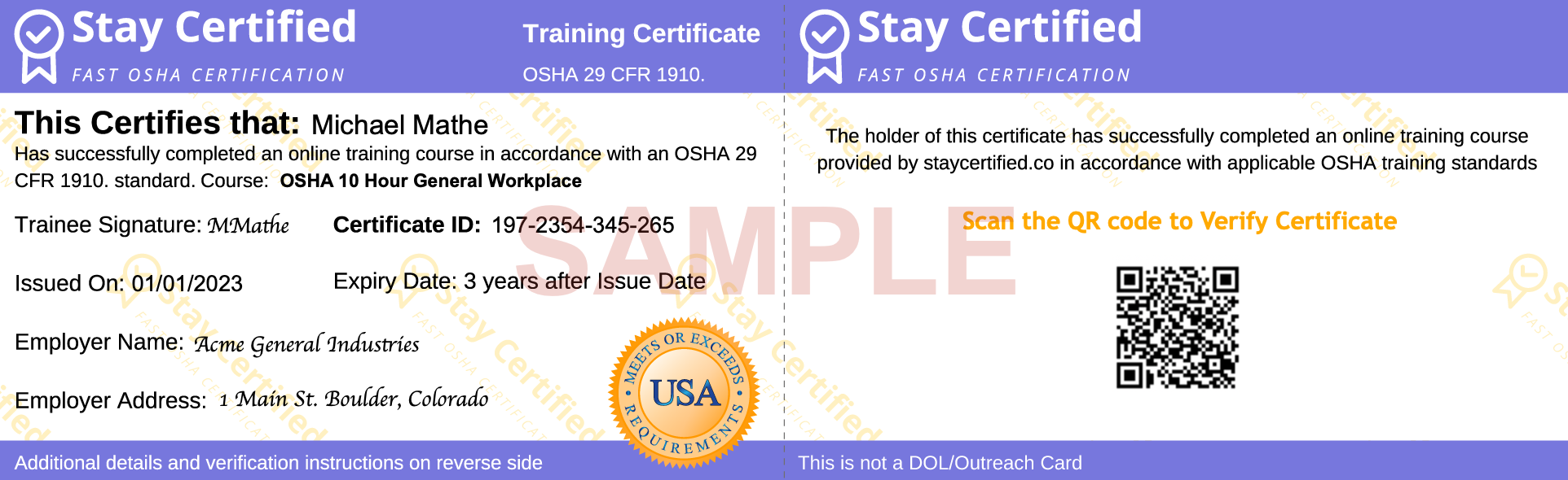 OSHA Certficate Example